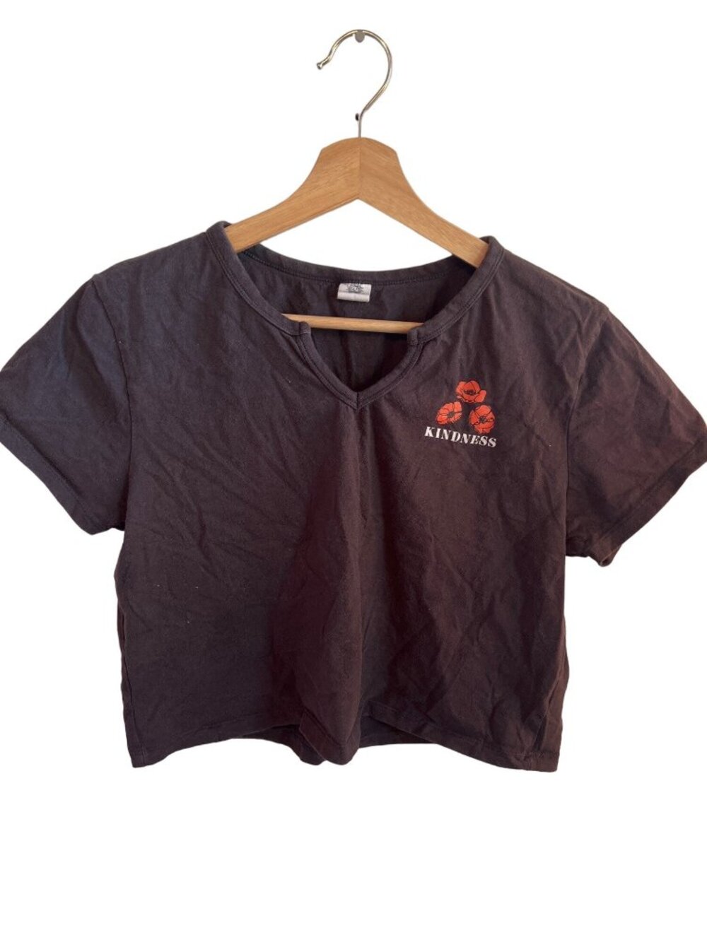 La Luna Brown Gray Short Sleeve Tshirt Crop Top Kindness Tee Women's Size Medium